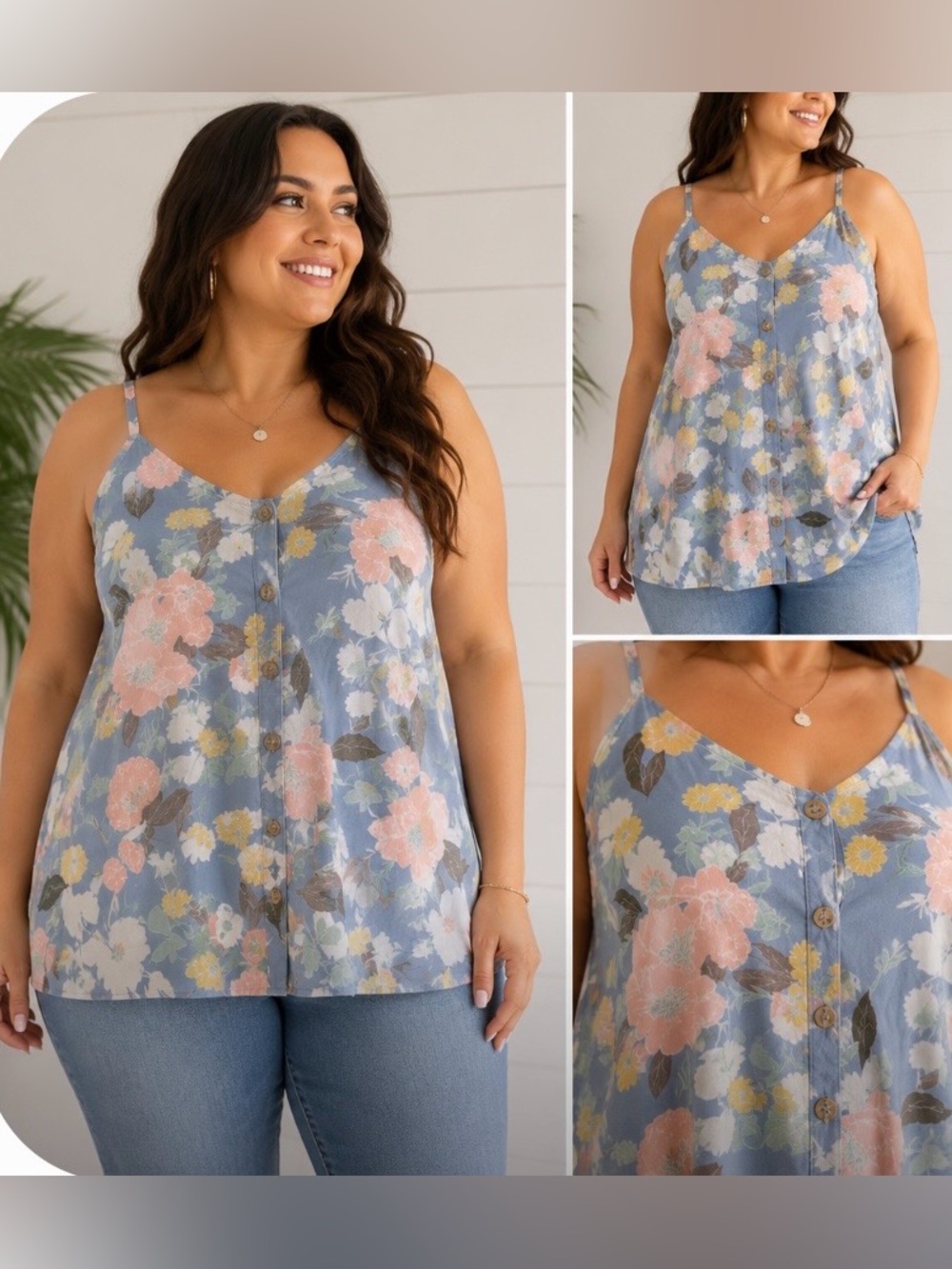 Torrid Size 0X Floral Button Front Swing Cami Tank Top Blue Pink Flowy Plus Size